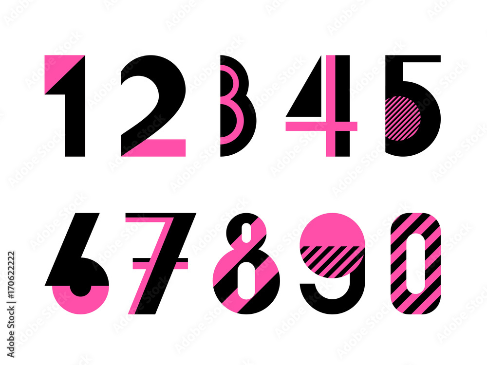 Set of digits. Trendy geometric font. Abstract alphabet in memphis style. Type letters 80s - 90s style. Numbers isolated on a white background. Set of digits. Trendy geometric font. Abstract alphabet in memphis style. Type letters 80s - 90s style. Numbers isolated on a white background.