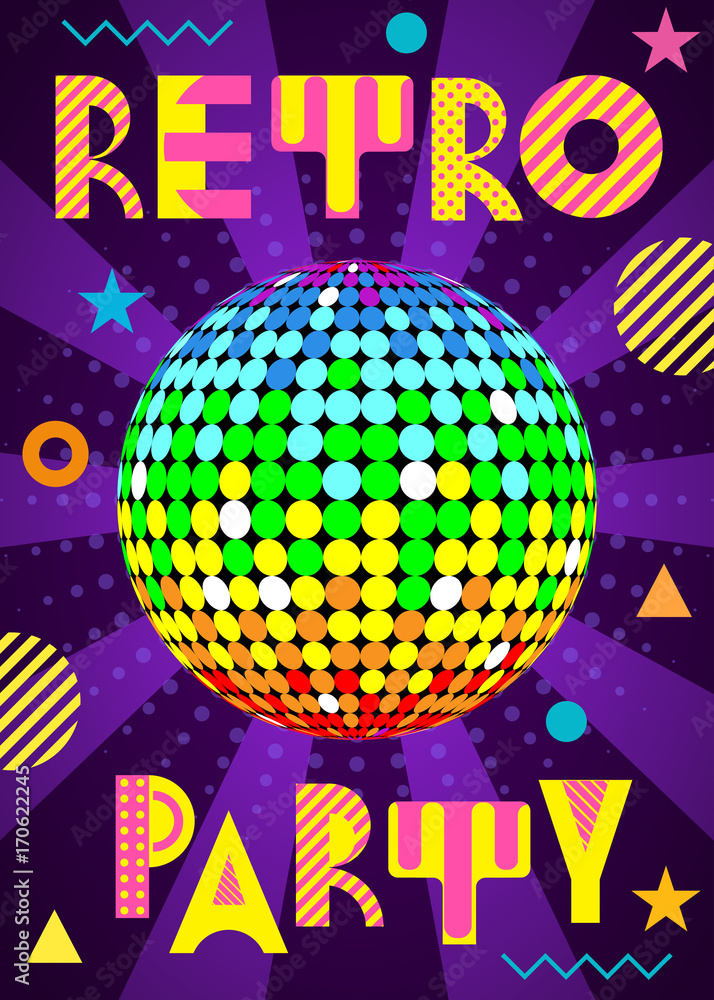 Banner for a party in the retro style. Trendy geometric font in memphis ...