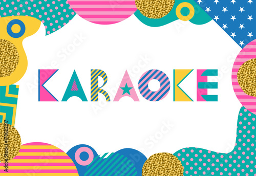KARAOKE. Trendy geometric font in memphis style of 80s-90s. Rectangular frame from abstract geometric elements
