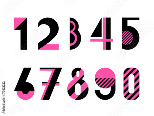 Set of digits. Trendy geometric font. Abstract alphabet in memphis style. Type letters 80s - 90s style. Numbers isolated on a white background.