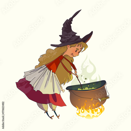 Cute little girl a witch cooks a witch's potion in a cauldron. Illustration for fairy tales and Halloween. Vector drawing isolated on white background