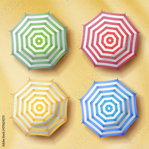 Opened Parasol On Sand Beach Background. Top View. Colorful Umbrellas Sign. Tropical Illustration.