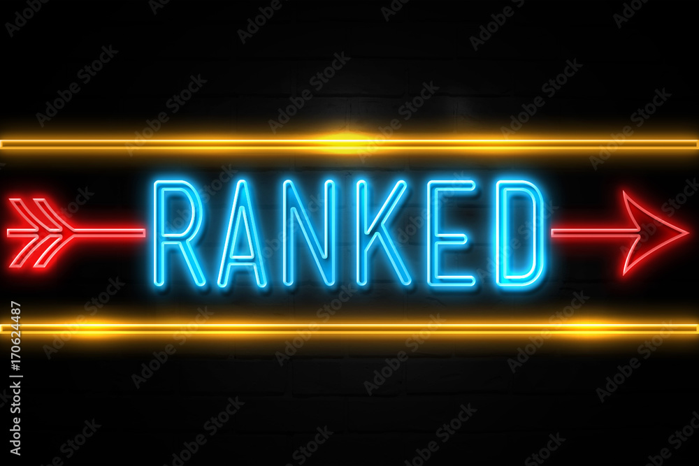 Ranked - fluorescent Neon Sign on brickwall Front view Ranked - fluorescent Neon Sign on brickwall Front view