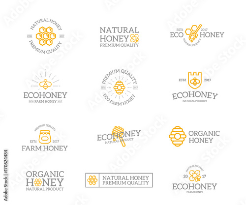 Set of retro vintage honey and bee logo or insignia, emblems, labels and badges and other branding objects. Vector line style