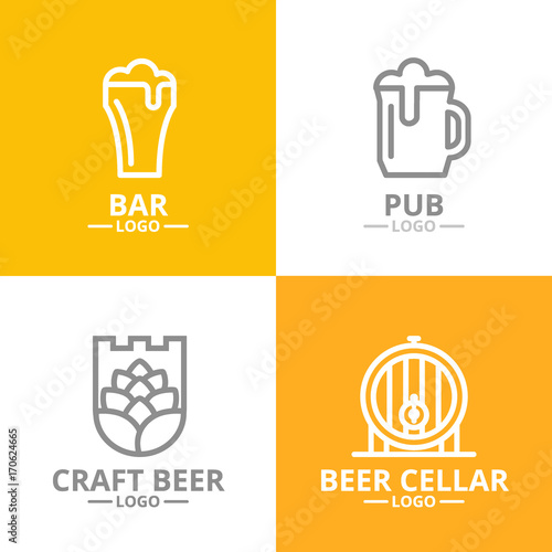 Set of beer and alcohol, hop, barrel logo or insignia, emblems, labels and badge. Vector line style