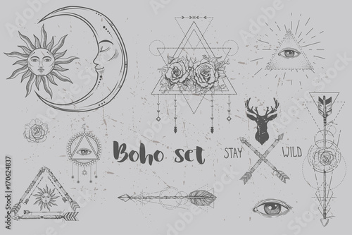 Beautiful boho elements set . arrows, feathers and flowers