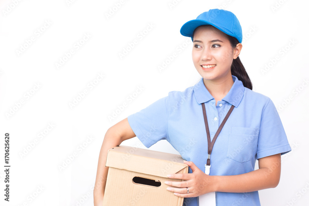 Young Asian Woman with Delivery service worker in uniform. Woman holding Box with attractive smiling isolated on white background. Young Asian Woman with Delivery service worker in uniform. Woman holding Box with attractive smiling isolated on white background.