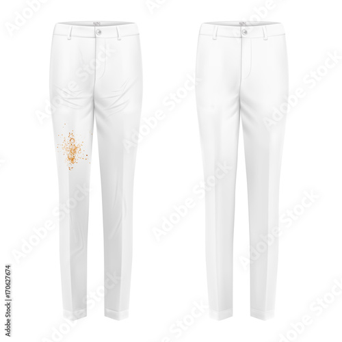 Pare of dirty, rubbed with coffee blotch and ironed, shiny clean white womens pants realistic isolated vector. Clothing before after washing, stain removal concept for landry, dry-cleaning advertising