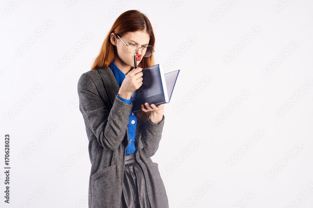 emotions, woman looking at notepad, empty space for copy emotions, woman looking at notepad, empty space for copy