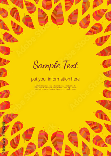 Template Design poster. Autumn celebration. Autumnal round frame. Fall leaf wreath. Colorful leaves background border. Seasonal event decorative background vector vintage illustration A 4 size