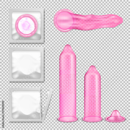 Textured condom with packing realistic vector illustration set on transparent background. Male contraceptive using instruction template for safety sex, pregnancy prevention, aids protection concept