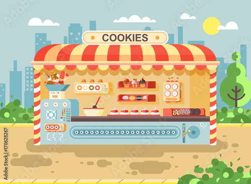 Vector illustration cartoon urban stall cooking business manufactures of baking cookies for sale, shelves with cupcakes, cakes, sweets, pastries, biscuits, muffins flat style on city background
