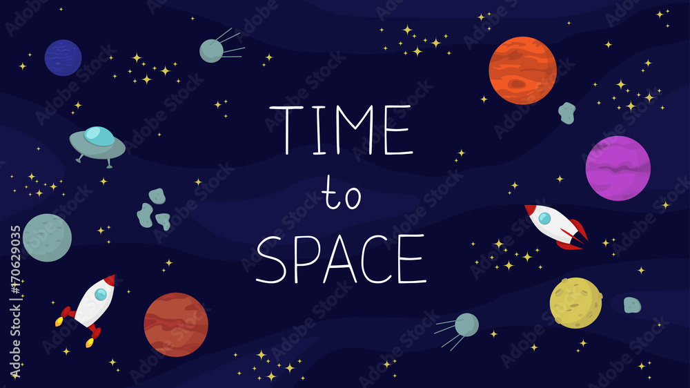 Fototapeta premium space background with planets, stars, spaceships and inscription