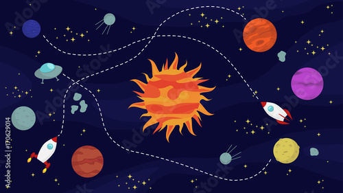 space background with planets, stars, spaceships, rotating around sun in cartoon style for your design