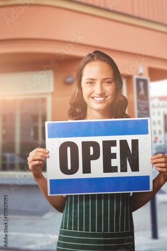 Wallpaper Mural Composite image of portrait of female owner with open sign Torontodigital.ca