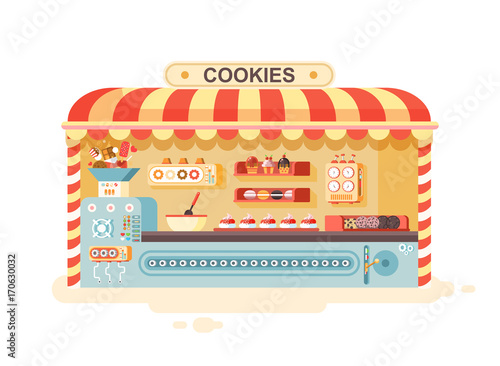 Vector illustration cartoon isolated urban stall cooking business manufacture of baking cookies for sale, shelves with cupcake, cake, sweet, pastries, biscuit, muffin flat style white background