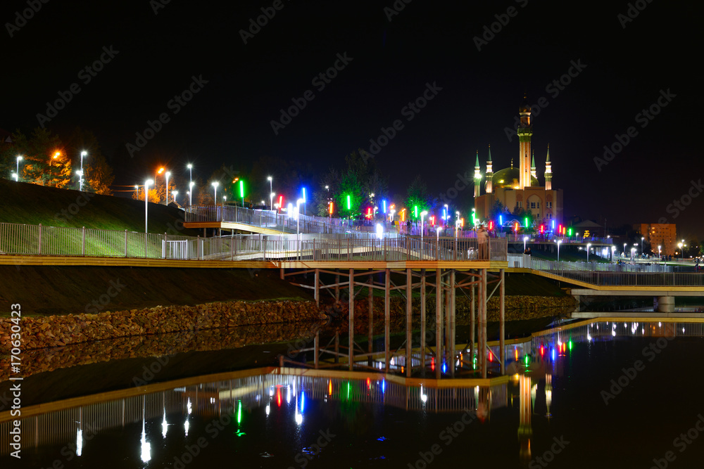 Mosque and pond at night
