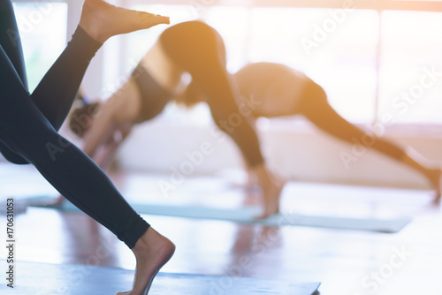 Women exercising in fitness studio yoga classes photo