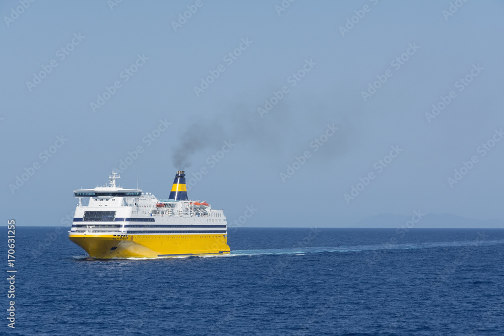 view of an yellow ferry at the calm blue sea