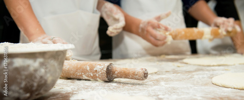 Manufacture of dough products. Hands closeup