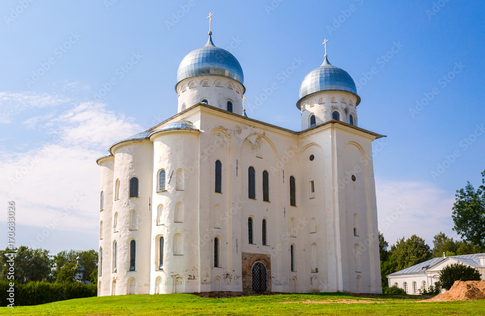 Russian orthodox St. George Cathedral in the Yuriev Monastery in the neighborhood Veliky Novgorod, Russia