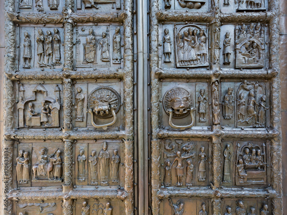 Detail of the ancient bronze Magdeburg Gates of St. Sophia Cathedral in Veliky Novgorod, Russia, 1153 year