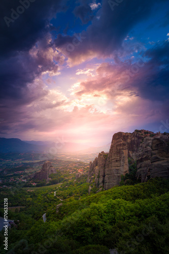 Sunset light over Meteora Monasteries, Greece