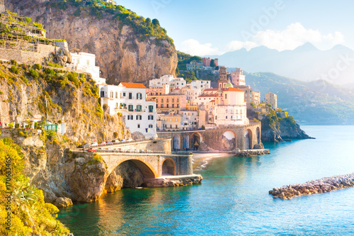 Fototapeta Naklejka Na Ścianę i Meble -  Morning view of Amalfi cityscape on coast line of mediterranean sea, Italy