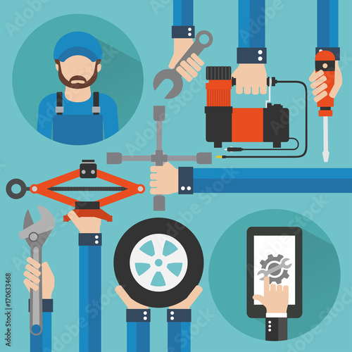  Car Online Service with repairer modern concept flat design.Vector illustration