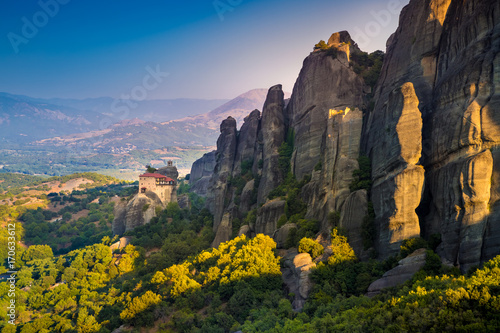 Mountain scenery with Meteora rocks and Roussanou Monastery, landscape place of monasteries on the rock. photo