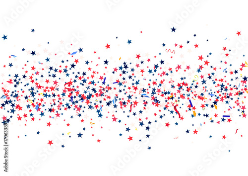 Abstract background with flying red blue silver stars confetti isolated. Blank festive template for usa patriotic holidays
