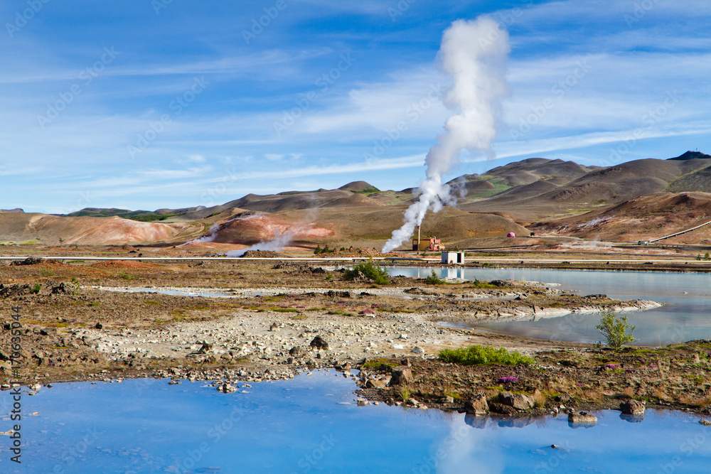 Geothermal power station near the blue lake. Myvatn geothermal area, northern Iceland