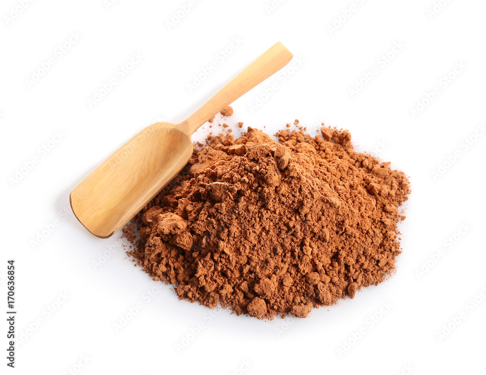 Heap of cocoa powder and wooden scoop on white background Heap of cocoa powder and wooden scoop on white background