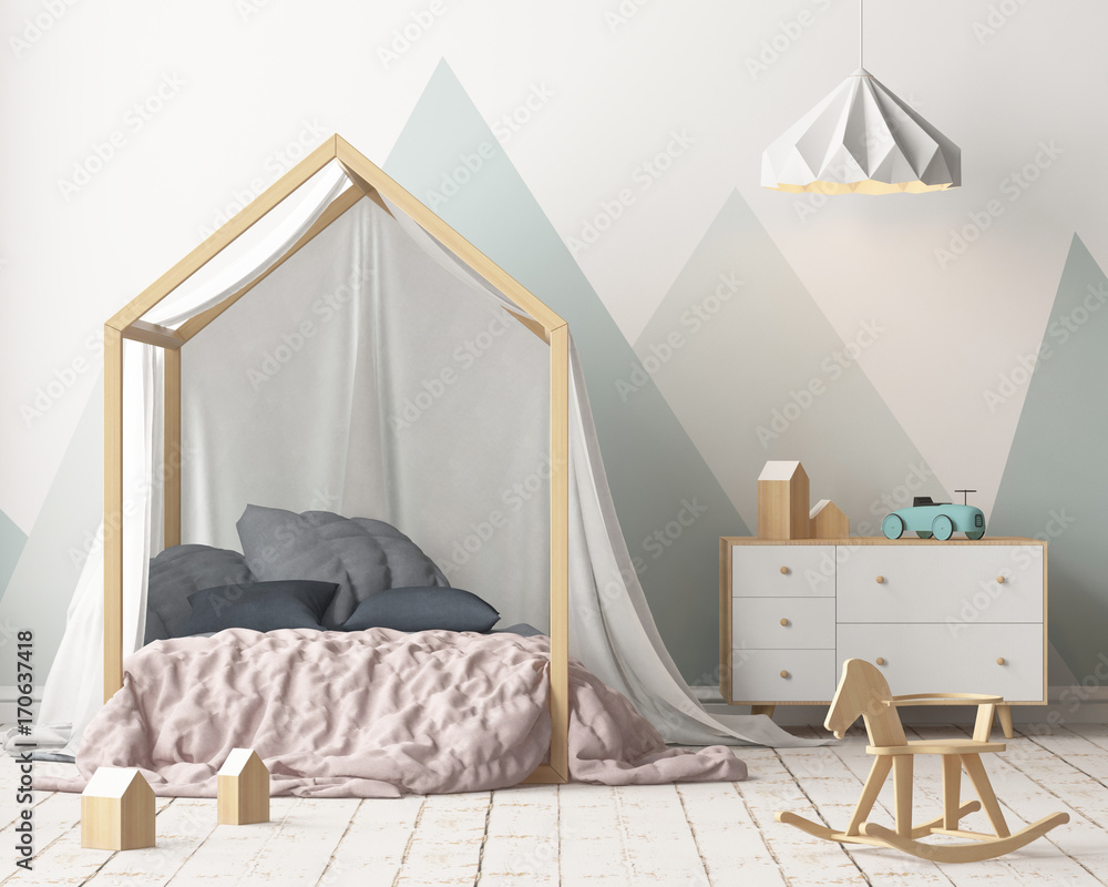 Mock up poster in the children's bedroom with a canopy. Scandinavian style. 3d Mock up poster in the children's bedroom with a canopy. Scandinavian style. 3d