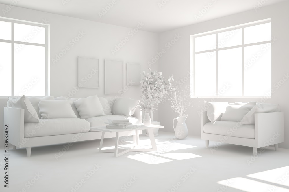 White room with sofa. Scandinavian interior design. 3D illustration White room with sofa. Scandinavian interior design. 3D illustration