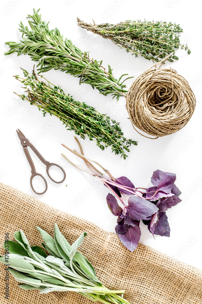 Obraz premium fresh herbs and greenery for spices and cooking on white desk background top view