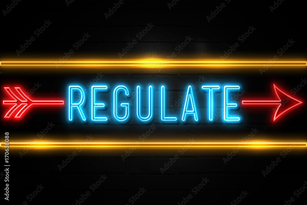 Regulate  - fluorescent Neon Sign on brickwall Front view