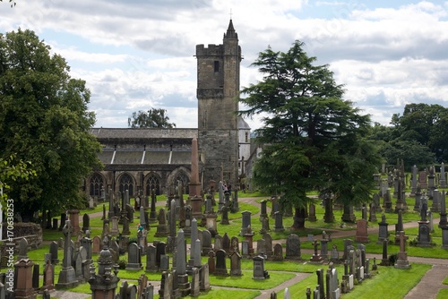 scenery of Stirling Castle in Scotland with the church and the medieval cemetery...