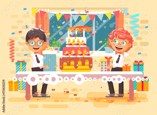 Vector illustration cartoon character children two friends boys celebrate  happy birthday, congratulating give gifts, huge festive cake with candles  and confetti flat style on background of window Stock Vector | Adobe Stock