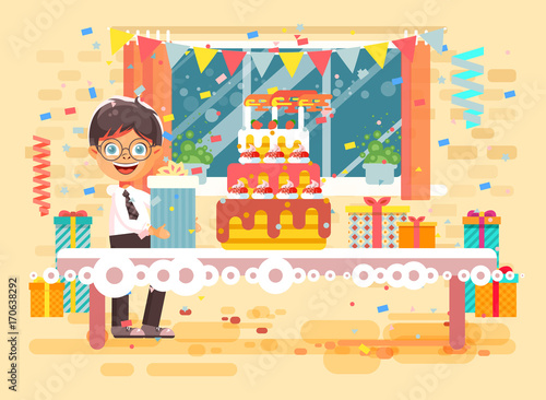 Vector illustration cartoon character child lonely brunette boy celebrate happy birthday, congratulating give gift, huge festive cake with candles and confetti flat style on background of window