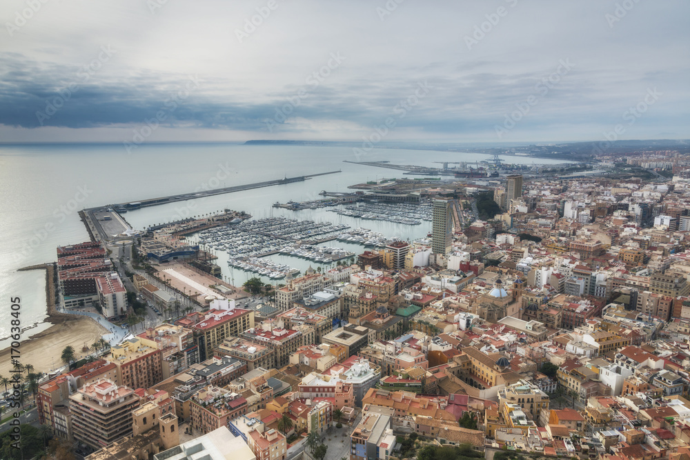 Aerial view of Alicante with marine port, Costa Blanca, Spain