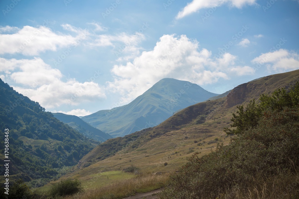 Naklejka premium Горный пейзаж. Красивый вид на живописное ущелье, панорама горной местности, белые облака на синем небе. Природа и горы Северного Кавказа