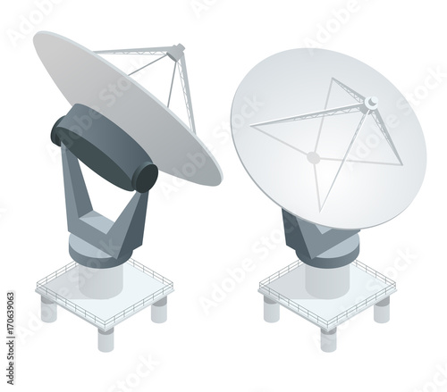 Isometric Satellite dish antennas on white. Wireless communication equipments