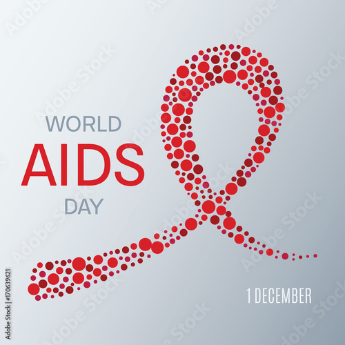 World AIDS day awareness poster. Symbol of acquired immune deficiency syndrome. Red ribbon made of dots on white background. Medical concept. Vector illustration.