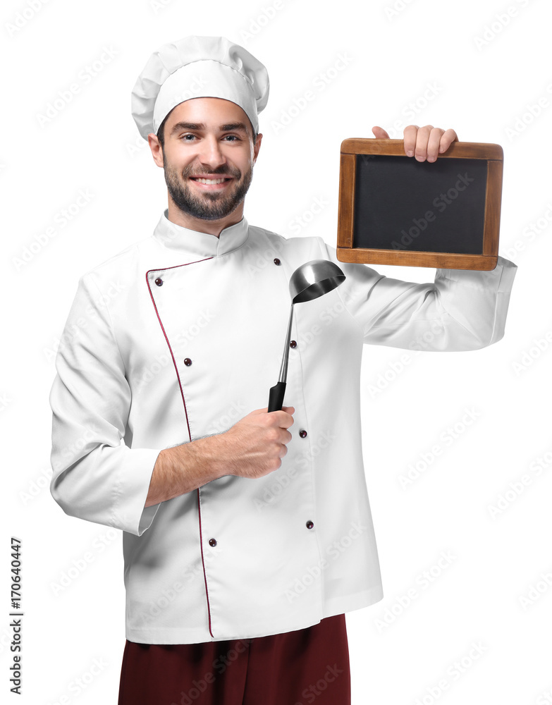 Young male chef with chalkboard isolated on white Young male chef with chalkboard isolated on white