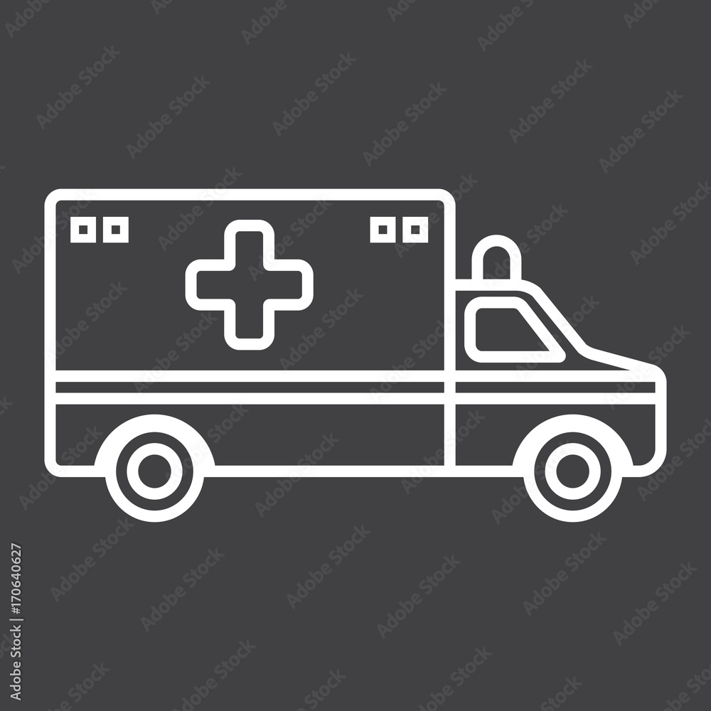 Ambulance line icon, medicine and healthcare, transport sign vector graphics, a linear pattern on a black background, eps 10. Ambulance line icon, medicine and healthcare, transport sign vector graphics, a linear pattern on a black background, eps 10.