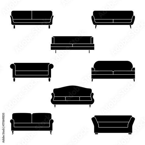 Sofa icon set. Vector illustration of couch pictogram on white
