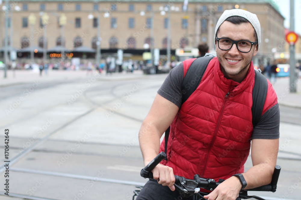 Happy cyclist in the city Happy cyclist in the city