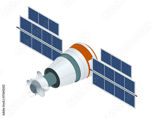GPS satellite. Flat vector isometric illustration. Wireless satellite technology. World global net.