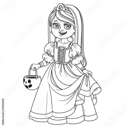 Cute girl in princess costume holding a pumpkin bag for sweets  trick or treat outlined for coloring page
